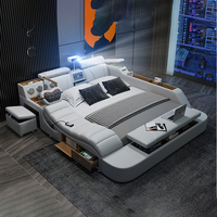 Limlamlim Tech Modernes Smart-Bett in King-Size mit Echtlederbezug, Multifunktions-Plattformbettrahmen mit Beamer und Luftreiniger