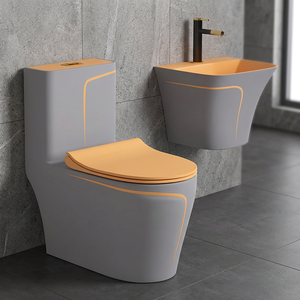 Toilette de luxe en céramique marbrée dorée pour WC, commode de salle de bain une pièce avec lavabo à main, évier, ensemble d'articles sanitaires - Product Image 1
