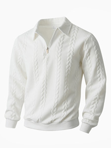 Suéter Masculino Personalizado com Logo, Gola Polo com Zíper, Tricô Texturizado, Manga Longa, Pulôver Casual para Negócios - Product Image 6
