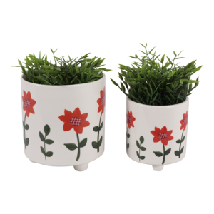 Set di vasi in ceramica dipinti a mano con fiori rossi per decorazioni interne ed esterne, 2 misure - Product Image 2