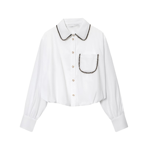 Benutzer definierte Frauen Perlen besatz Puff ärmel Popel ine Shirt Langarm Vielseitige Bluse Verzierte Büro kleidung Essential Top OEM Factory - Product Image 1