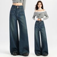 Jean large taille haute bleu foncé pour femme, style décontracté, polyvalent, avec poches et boucle à deux broches, en denim, vente en gros