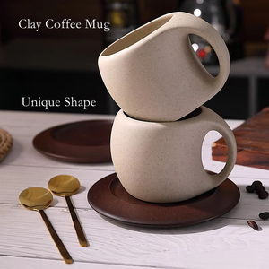 Custom Logo Luxury Rustic <strong>Vintage</strong> Matte Brown Ceramic Clay <strong>Tea</strong> Coffee Mug <strong>Set</strong> with Wooden Coaster - Product Image 2