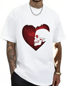T-Shirt Unisex con Motivo Cuore e Teschio, in Morbido Cotone, Vestibilità Comoda, Manica Corta, Stampa Casual, Collo Tondo, Lunghezza Regolare, Tessuto Jersey - Product Image 1