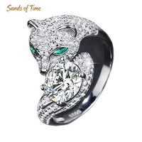 Bague Tête de Léopard en Moissanite, Argent Sterling S925, Entièrement Pavée, Œil Vert, Bijou Animal Réglable pour Femme, Cadeau d'Anniversaire
