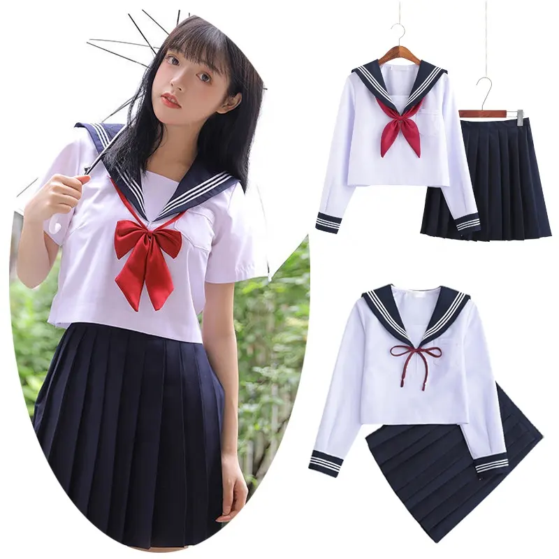 Japanese Girls School Uniforms Anime Cosplay Costume College Student Suit Navy Blue Pleated Skirt Sailor Uniform