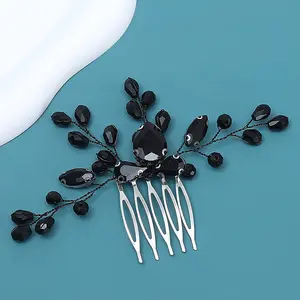 Romantic Bride Women Hair Accessories Beaded Black Crystal Rhinestone Hair Comb for Wedding