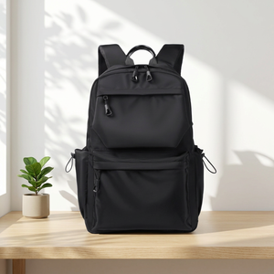 Black Polyester Men <b>Backpack</b> <b>Large</b> Capacity School Travel Laptop Bag Zipper Closure Multi Pocket Daypack - Product Image 3
