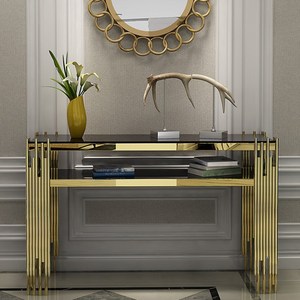 Meubles de salon, table d'entrée, table <span class=keywords><strong>console</strong></span> en <span class=keywords><strong>acier</strong></span> inoxydable doré et <span class=keywords><strong>verre</strong></span> noir pour la maison et l'hôtel - Product Image 2