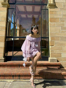 Robe Courte Épaules Dénudées à Volants, Manches Longues, Style Vietnamien, pour Soirée, Féminine et Élégante, Tissée, Séchage Rapide, avec Applique Florale 3D - Product Image 2