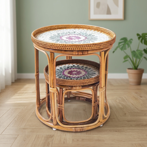 Rattan <b>Nesting</b> Coffee <b>Table</b> With Mosaic Top Tropical Modern Living Room Furniture - Product Image 4