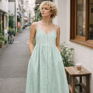 Abito Casual <span class=keywords><strong>in</strong></span> Puro Lino su Misura per Signore <span class=keywords><strong>in</strong></span> Verde Chiaro con Strisce e Collo all'Americana Abito Casual ed Elegante per Signore - Product Image 4