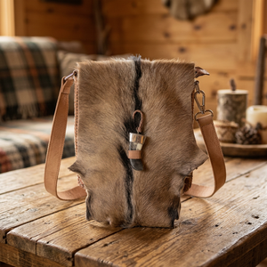 Real Fur Crossbody <b>Bag</b> <b>With</b> Leather Strap And Horn Charm Classic Unisex Style - Product Image 1