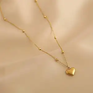 XL22077 Korean Hot Fashion Gold Filled Jewelry Stainless Steel Chain Beads Heart Pendants Necklaces Women Girls