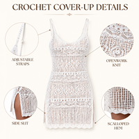 Robe courte femme en crochet ajouré à col rond, bretelles spaghetti, ourlet festonné, fente latérale, cache-maillot de plage
