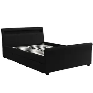 Fábrica al por mayor doble Queen King Size marco de madera moderno color negro LED cabecera de la cama trineo cama de cuero 4 cajones de almacenamiento