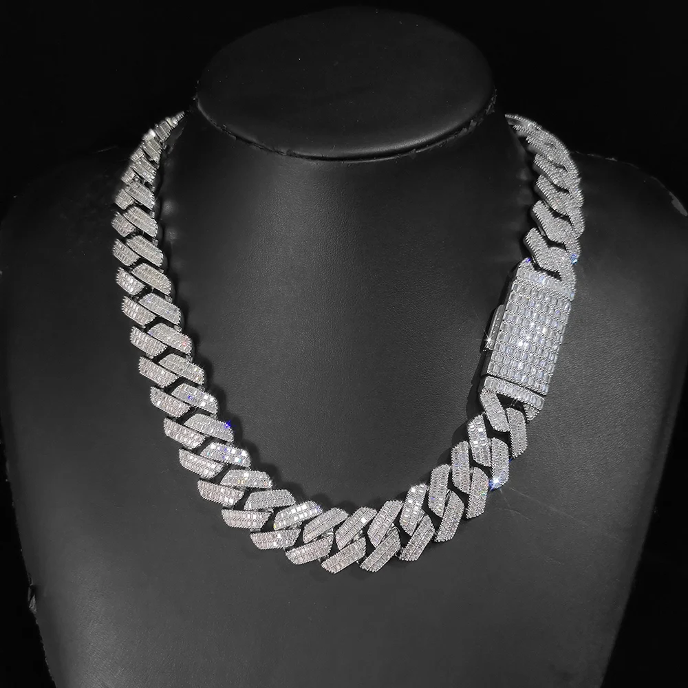 Nieuwe Stijl 20Mm Baguette Kubieke Zirkonia Prong Cubaanse Ketting Ketting In Wit Goud Ijskoud Hiphop Sieraden Cubaanse Schakelketting