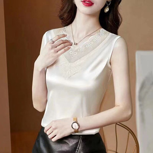 Women's Sleeveless Satin Camisole V-Neck <b>Lace</b> Inner Top Summer Solid Color Micro-<b>Elastic</b> Base Layer Tank Top - Product Image 5