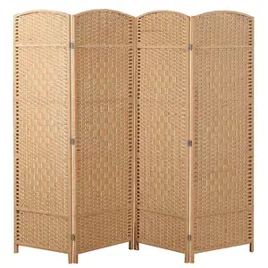 Wholesale room wood partition divider panel-cheap living room furniture Freestanding 4 Hinged Panel Woven Beige Wood Privacy Room Divider Partition Screen