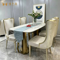 Ensemble de table à manger moderne de luxe en acier inoxydable doré et marbre, 6 chaises, meubles de salle à manger rectangulaires pour la maison