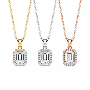 イーストウエスト エメラルドカット ラボグロウンダイヤモンド IGI認定 ネックレス 18Kゴールド ヒドゥンハロー ソリティアペンダント モダンチョーカー - Product Image 1