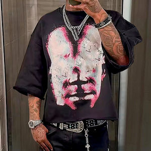 Camiseta Boxy Personalizada sin Costuras para Hombre, Camisetas de Gimnasio con Estampado Gráfico DTG, Camiseta de Manga 3/4, Camiseta Corta con Bajo sin Rematar, Algodón - Product Image 1