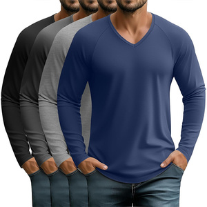 T-shirts pour hommes à manches longues, <span class=keywords><strong>col</strong></span> en <span class=keywords><strong>V</strong></span>, légers, sous-<span class=keywords><strong>v</strong></span>êtements, ourlet incurvé, décontractés, basiques, pour l'entraînement, vente en gros, personnalisables, en tissu Tri-Blend - Product Image 2