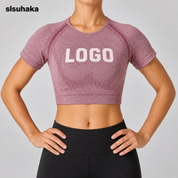 Haut court de yoga sans coutures très extensible pour femme, t-shirt d'entraînement à manches courtes en maille à séchage rapide, vêtement de sport pour la danse et le fitness