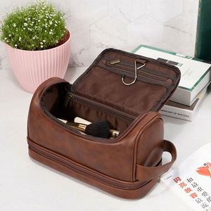 Unisex Simple PU Leather <b>Toiletry</b> <b>Bag</b> Zipper Convenient Hand Cosmetic <b>Bag</b> Featuring Fashionable Letter Hook Unisex Convenient - Product Image 1