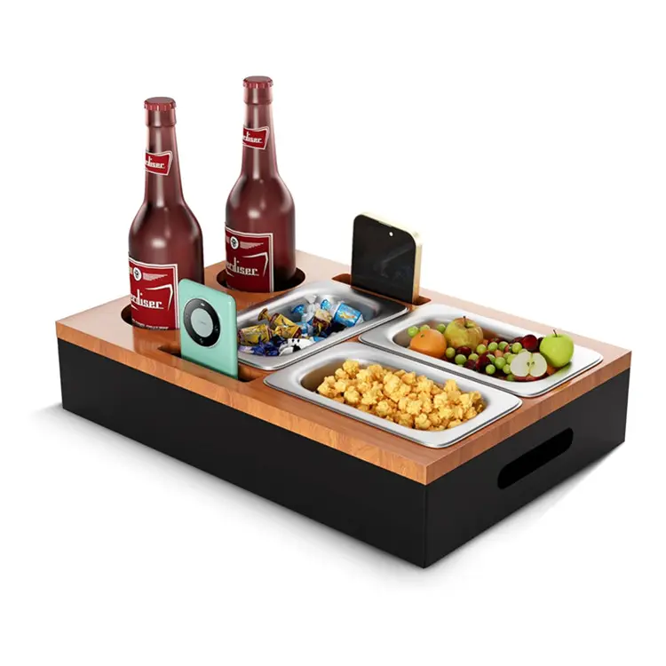 Modernes individuelles Holzsofa Armlehne Snack Drink Caddy Box mehrfacher Aufbewahrungsbereich Kaffee Bar Organisator Tablett Bambus Couch Tassenhalter