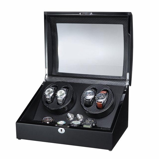 Automatic 4 Watch Winder with Carbon Fiber Texture Glossy Piano Lacquer Wooden Watch Box Display Motor Lock Case 8078