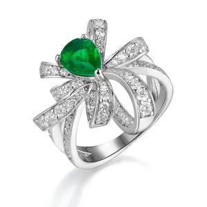 Fashion Sterling Silver Shine Bowknot Ring Party Jewelry Women Cubic Zircon Emerald Ring