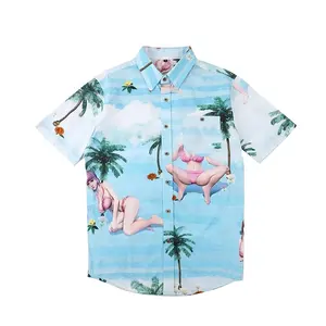 2023 Custom New Look Custom Printed Causal Designed Funny Hawaiin Sky Blue Shirts For Men