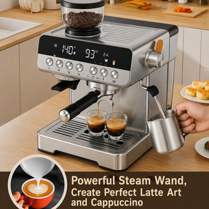 Machine à expresso semi-automatique 15 bars avec moulin à grains intégré, buse vapeur et corps en acier inoxydable - Product Image 4