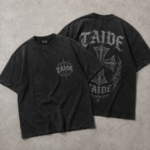 T-shirt TaiDe certifié BSCI, style vintage, motif croix gothique, effet usé, imprimé avant et arrière, fabrication <span class=keywords><strong>sur</strong></span> <span class=keywords><strong>mesure</strong></span> ODM, fabricant <span class=keywords><strong>de</strong></span> haute qualité - Product Image 1