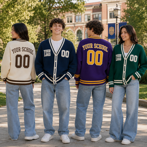 Custom Varsity <b>Cardigan</b> V-Neck Button Front College Jacket Embroidery Patch Contrast Rib Knit School <b>Men</b> Sweater - Product Image 2