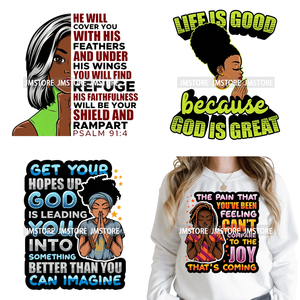 Adesivi Termotrasferibili DTF Lavabili Pronti da Applicare <span class=keywords><strong>per</strong></span> Felpe con Citazioni Religiose 'Blessed Trust God Pray' e 'Black Girl' - Product Image 1