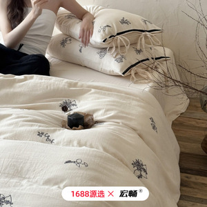 Hongchang Cotton Crepe <b>Bedding</b> <b>Set</b> 60 Count Minimalist Embroidery Four Piece Breathable Duvet Cover Sheet Pillowcase - Product Image 3