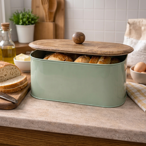 Green Metal <b>Bread</b> <b>Bin</b> with <b>Wooden</b> Lid Rectangle Moisture Proof Nordic Style <b>Bread</b> Box for Kitchen - Product Image 6