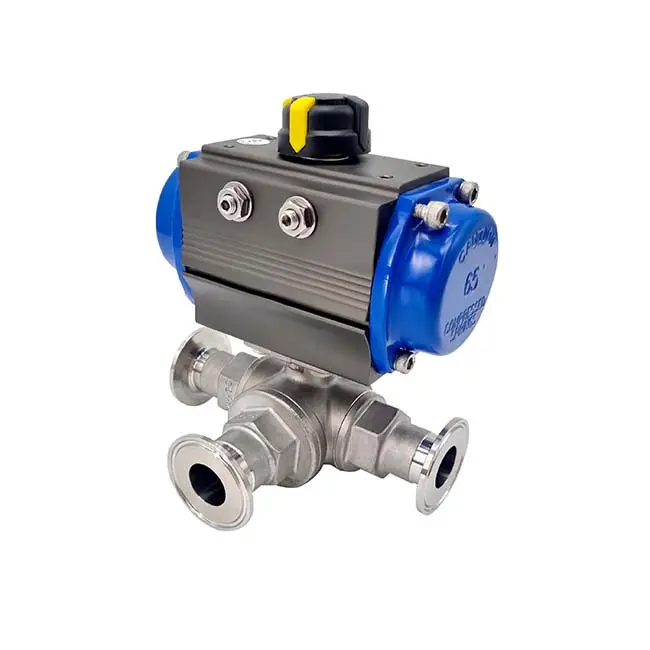 Service Provider Side Inlet Stainless Steel Best Choice Ferrule Type Pneumatic Sanitary 3-Way Ball Valve Single Acting