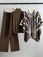 Ensemble trois pièces élégant pour femme – Nouvelle collection automne-hiver : pull tricoté, châle cape et pantalon large rayé coupe décontractée