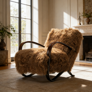 Fauteuil de salon moderne nordique en bois de hêtre, revêtement en fausse fourrure de laine d'agneau tibétaine marron, canapé paresseux pour salon - Product Image 4