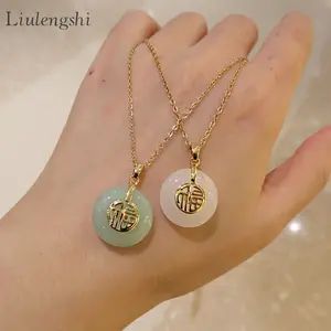Lucky Jewelry Chinese Fu Jade Necklace Stainless Steel Chain Natural White Green Emerald Jade Pendant Necklace