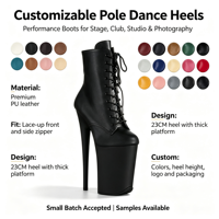Bottines de pole dance en PU à talon haut de 23 cm, bout ouvert, plateforme épaisse, lacets réglables, fermeture éclair latérale, finition miroir mat