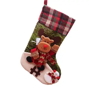 Buffalo Plaid Embroidered Cute Santa Snowman Reindeer Plush Large Hanging Stockings for Christmas Decorations