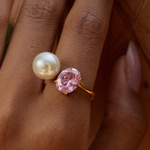 Pearl <b>Ring</b> 18K Gold Plated Pink Cubic Zirconia With Pearl <b>Adjustable</b> For Women Everyday Wear - Product Image 4