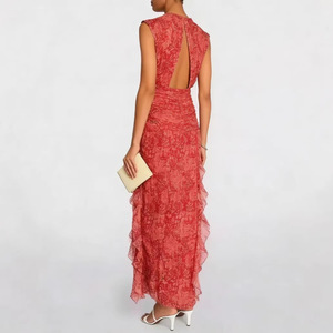 Vestido de Noche Largo Asimétrico con Estampado de Gasa y Cuello en V, Cintura Imperio y Capa Transparente para Mujer - Product Image 2