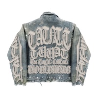 Ensemble deux pièces Y2K pour homme : veste en jean vintage délavée avec broderie strass et pantalon court, logo personnalisé