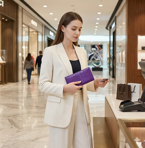 Cartera de Cuero de Lujo para Hombre Wriza, Diseño Largo y Delgado con Patrón de Cocodrilo Morado, Elegante Caja de Regalo Interior - Product Image 2