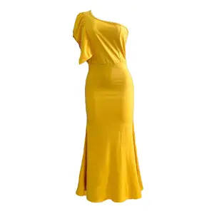 Big Size Women Clothes High Waist Oblique Shoulder Waist Temperament Solid Color Long Smart Casual Dress